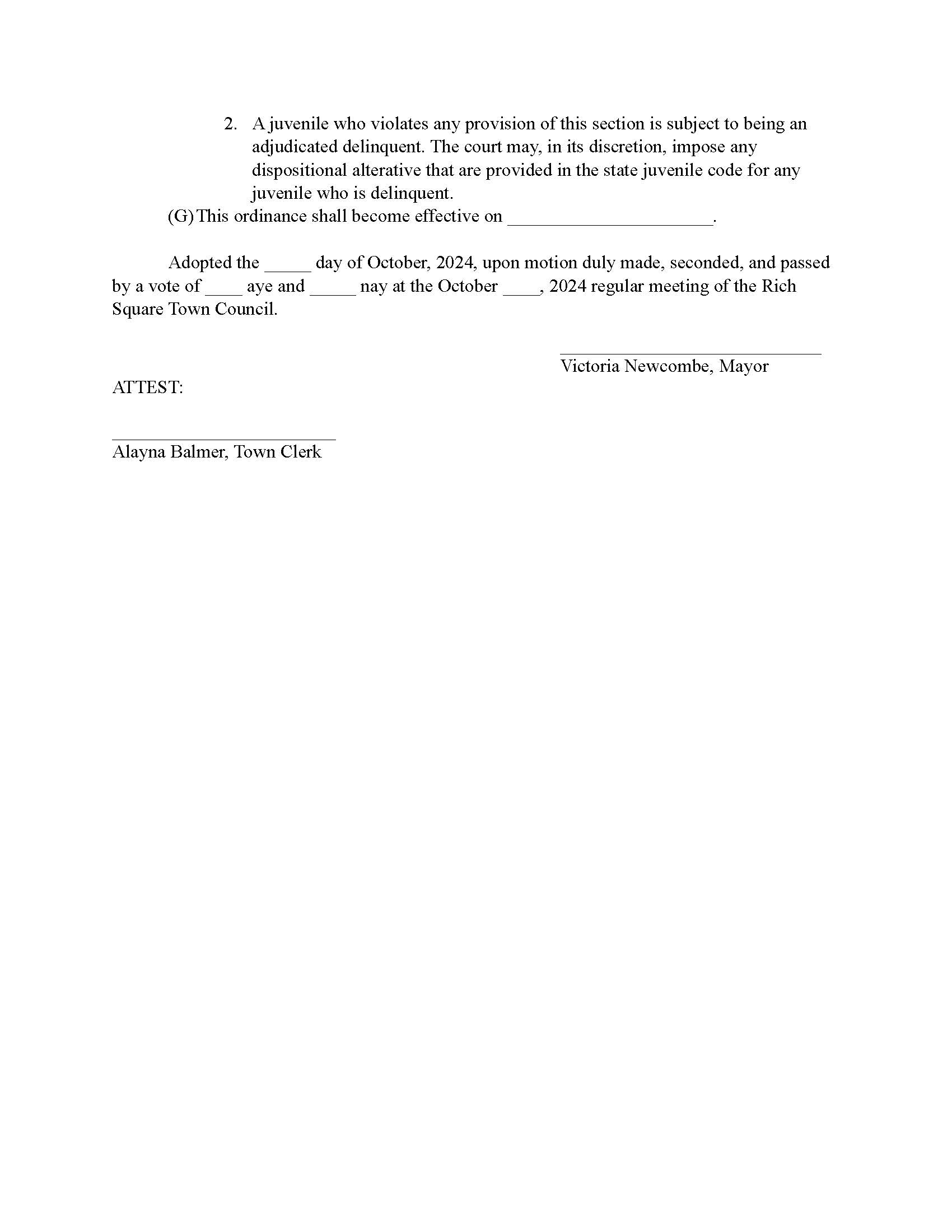 Town of Rich Square, NC Town Juvenile Curfew Effective October 2024